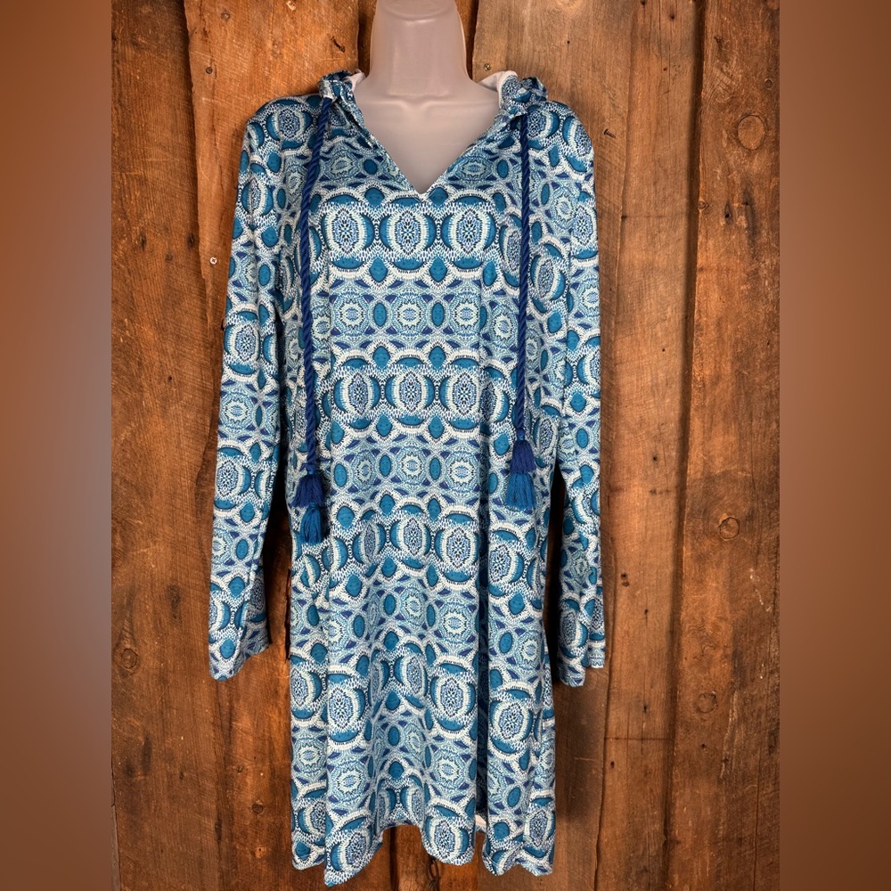 Cabana Life Blue Road Map Geometric Hooded Tunic Dress - Size Medium